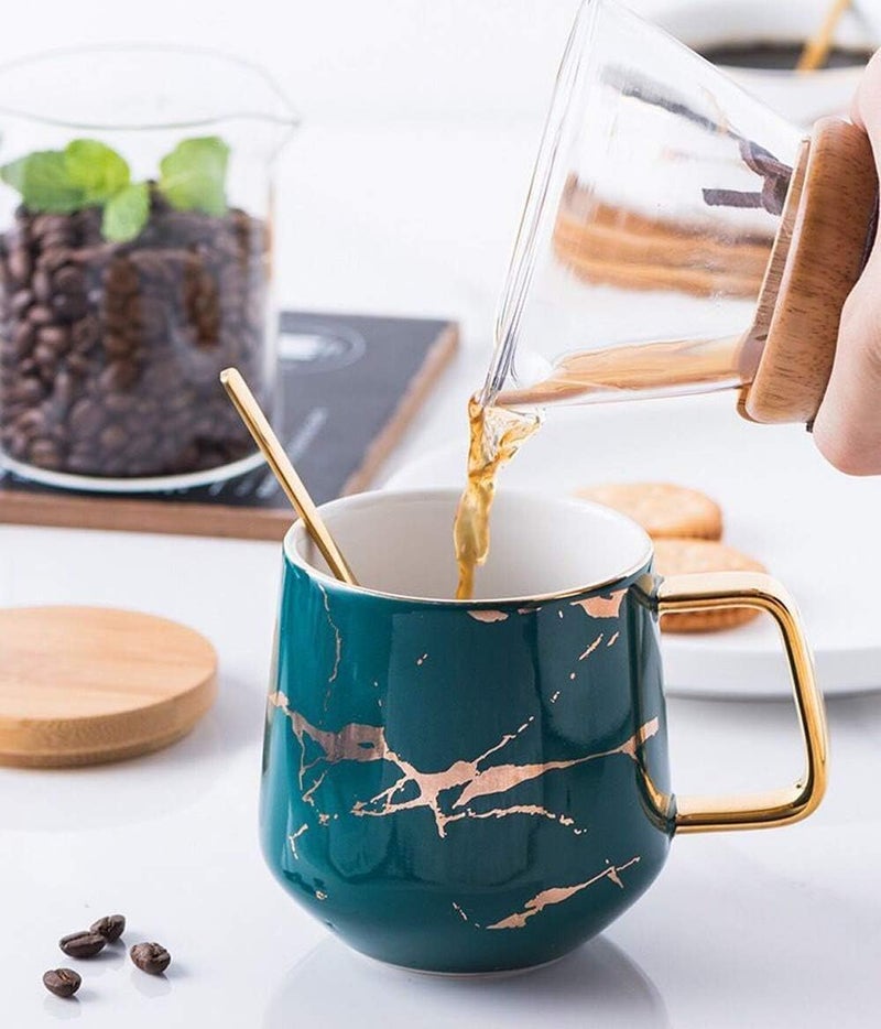 Eplze YBK Tech Porcelain Tea Cup Coffee Mug Set for Afternoon Tea - Marble Pattern (Green, Tall 400ml + wood lid) - Image 4